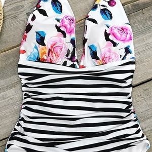 Bold floral one piece halter bathing suit